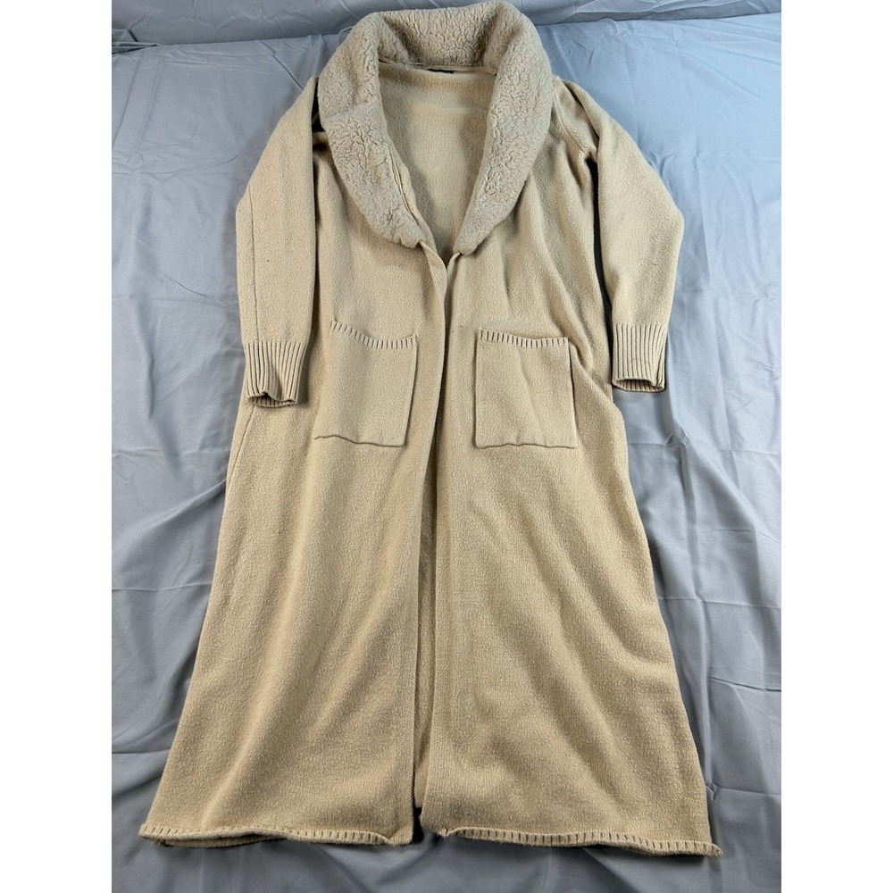 Women's L Beige Hooded Sweater Coat Sherpa Lined Long Cardiga
